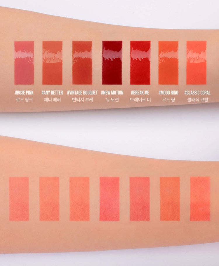 ProtoClinical k-beauty 3CE GLAZE LIP TINT 5g product detail graphic with lip tint visuals, shade swatches, and text panels on a light background