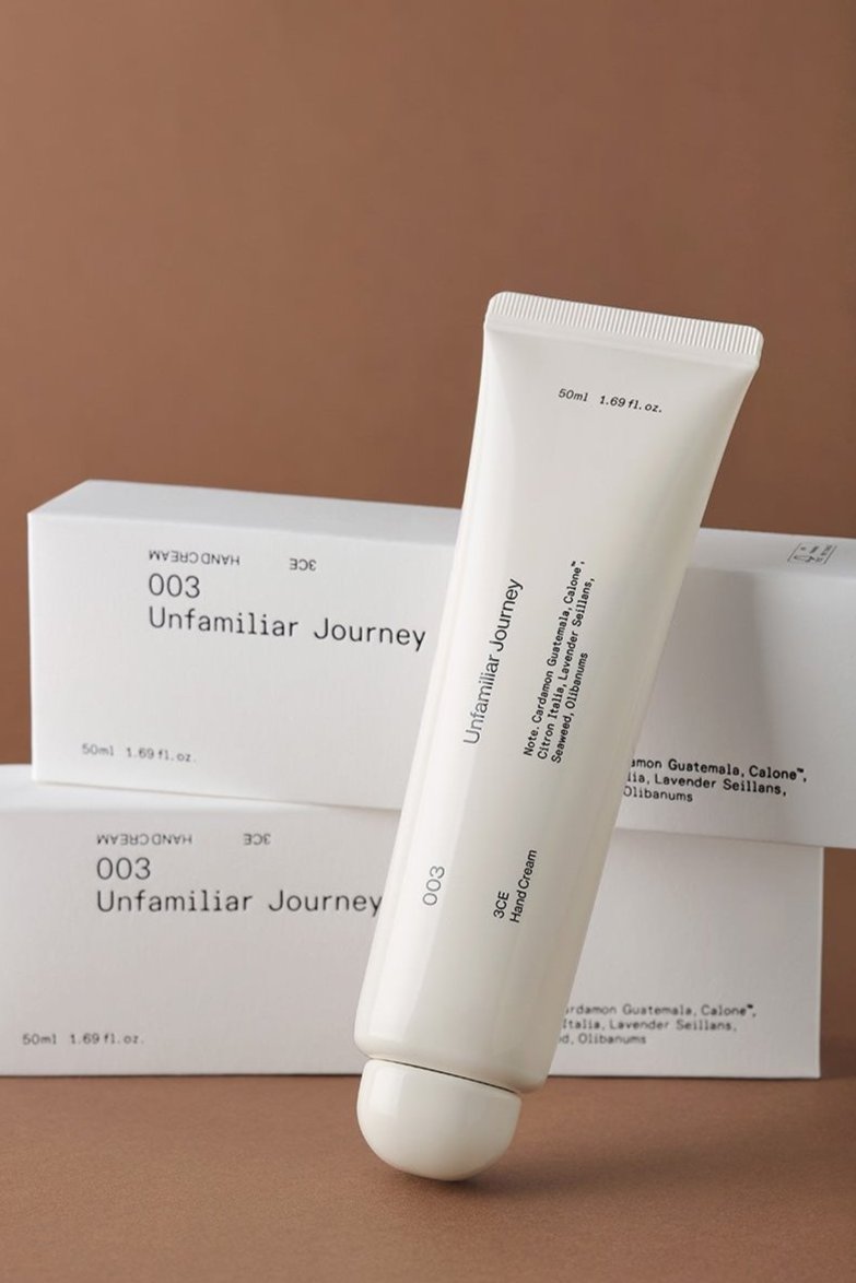 ProtoClinical k-beauty 3CE Hand Cream 50ml #UNFAMILIAR JOURNEY single hand cream tube on a clean white background
