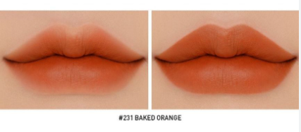 ProtoClinical k-beauty 3CE Mood Recipe Matte Lip Color 3.5g #231 BAKED ORANGE horizontal product detail screenshot with text panels on a light background