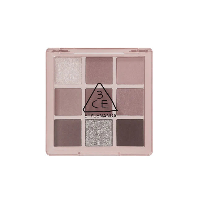 3CE Multi Eye Color Palette #A SHY ASH by ProtoClinical shown in a branded eyeshadow palette product visual on a clean white background for a k-beauty makeup routine.