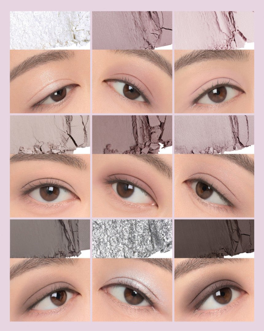 3CE Multi Eye Color Palette #A SHY ASH by ProtoClinical shown in an eyeshadow palette detail image on a plain background for a k-beauty makeup routine.