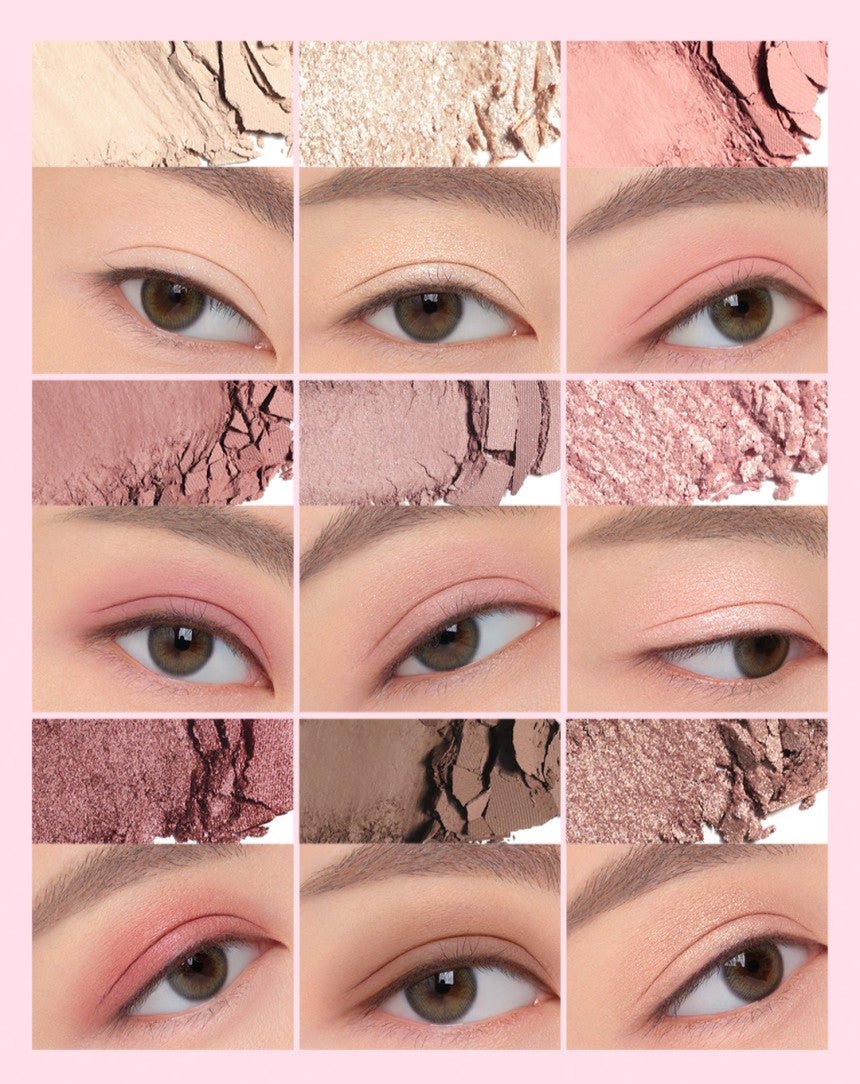 3CE Multi Eye Color Palette #AUTO FOCUS by ProtoClinical shown in a soft pink k-beauty eyeshadow palette detail graphic on a light background.