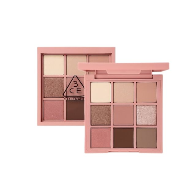 3CE Multi Eye Color Palette #ROSY MUHLY by ProtoClinical shown in a warm beige k-beauty eyeshadow palette product visual on a light background.