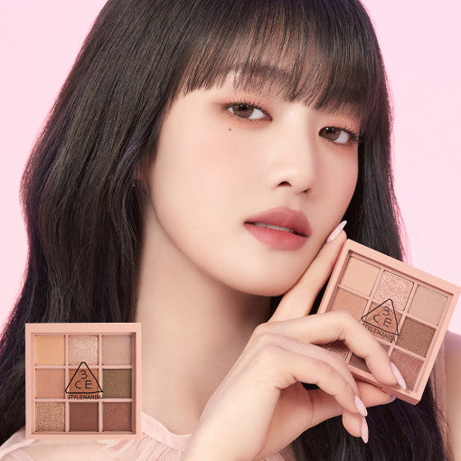 3CE Multi Eye Color Palette #ROSY MUHLY by ProtoClinical shown in a soft pink k-beauty eyeshadow palette detail visual on a light background.