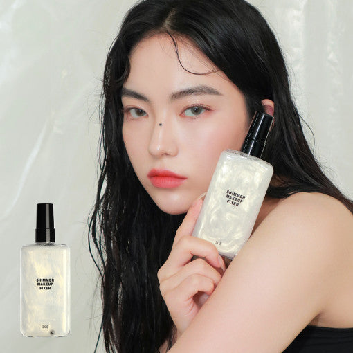 3CE SHIMMER MAKEUP FIXER 95ml by ProtoClinical displayed in product packaging on a clean white background for a k-beauty makeup routine.