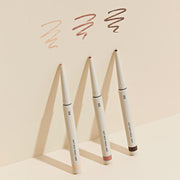 ProtoClinical k-beauty 3CE Soft Mute Pencil Liner 0.1g slim pencil liner packaging in soft beige and warm taupe tones on a light background