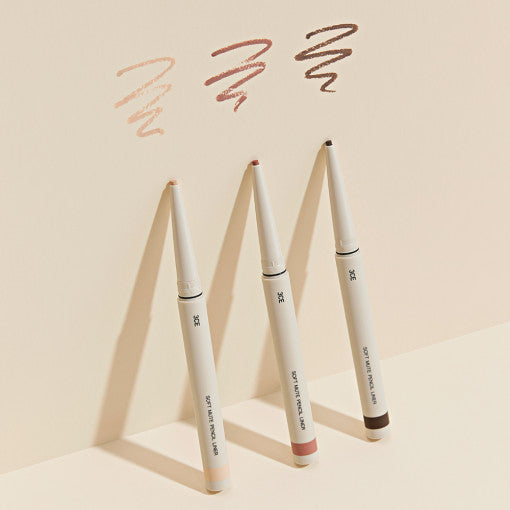 ProtoClinical k-beauty 3CE Soft Mute Pencil Liner 0.1g slim pencil liner packaging in soft beige and warm taupe tones on a light background