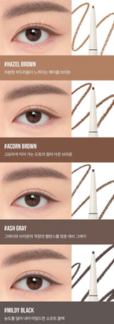 ProtoClinical k-beauty 3CE Soft Mute Pencil Liner 0.1g product detail graphic with eyeliner visuals, muted shade swatches, and text panels on a light background.