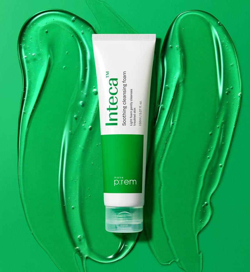 ProtoClinical k-beauty make p:rem Inteca Soothing Cleansing Foam 150ml single front-facing green cleanser tube with a visible front label on a clean white background