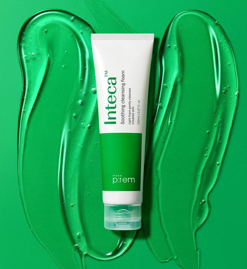 ProtoClinical k-beauty make p:rem Inteca Soothing Cleansing Foam 150ml single front-facing green cleanser tube with a visible front label on a clean white background