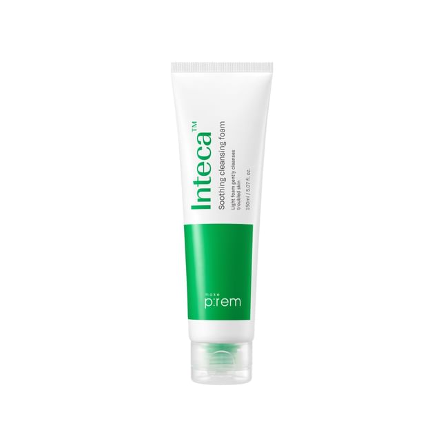 ProtoClinical k-beauty make p:rem Inteca Soothing Cleansing Foam 150ml single centered cleanser tube on a clean white background