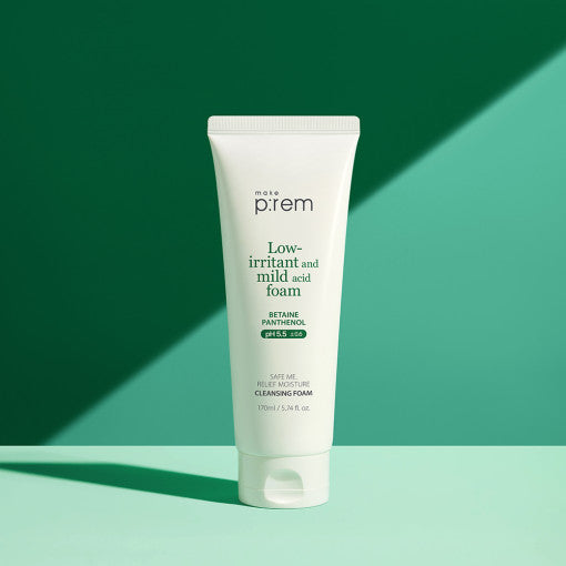 ProtoClinical k-beauty make p:rem Safe Me. Relief Moisture Cleansing Foam 170ml single front-facing cleansing foam tube in soft green-and-white packaging on a clean white background