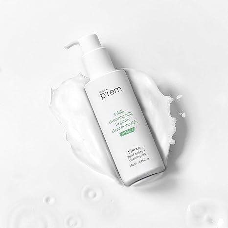 ProtoClinical k-beauty make p:rem Safe Me. Relief Moisture Cleansing Milk 200ml product detail view showing the cleansing milk bottle with a visible branded label on a light background