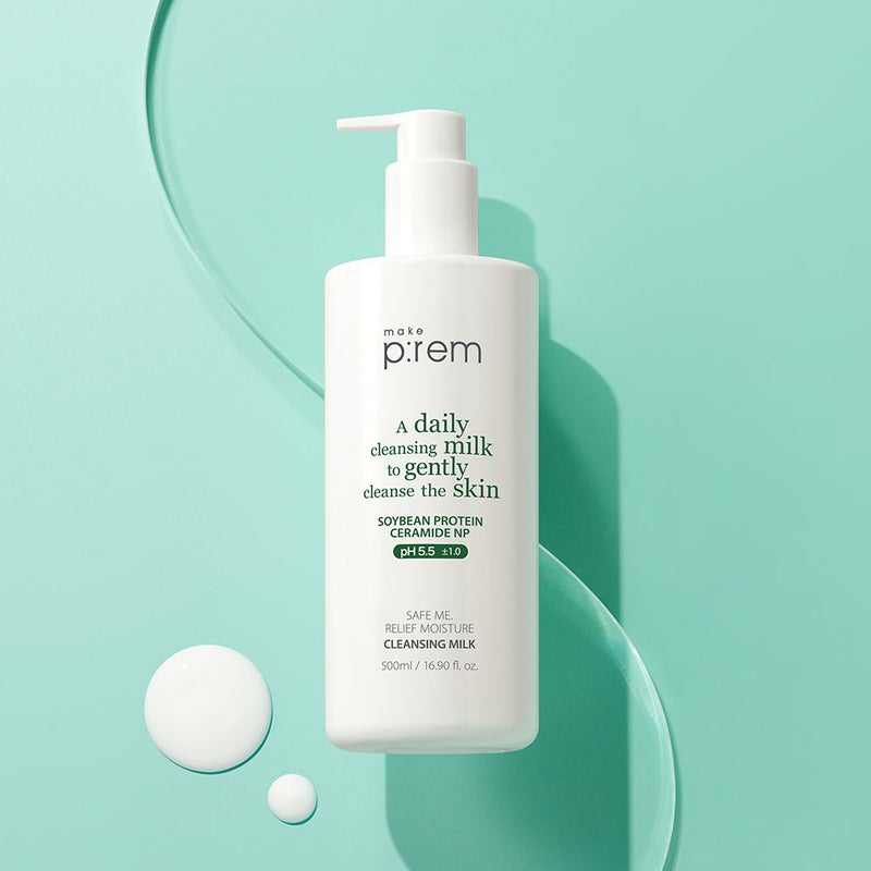 ProtoClinical k-beauty make p:rem Safe Me. Relief Moisture Cleansing Milk 500ml teal product packaging centered on a light background with front label details visible