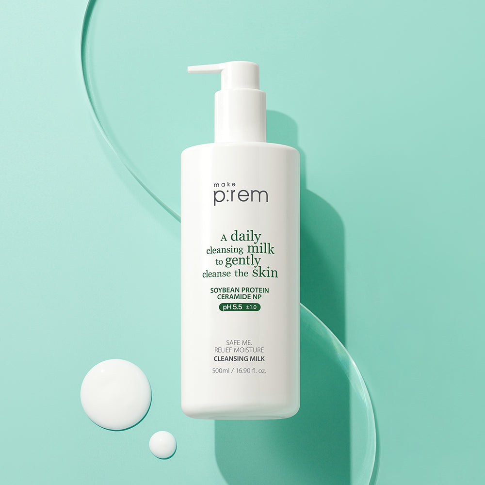 ProtoClinical k-beauty make p:rem Safe Me. Relief Moisture Cleansing Milk 500ml teal product packaging centered on a light background with front label details visible