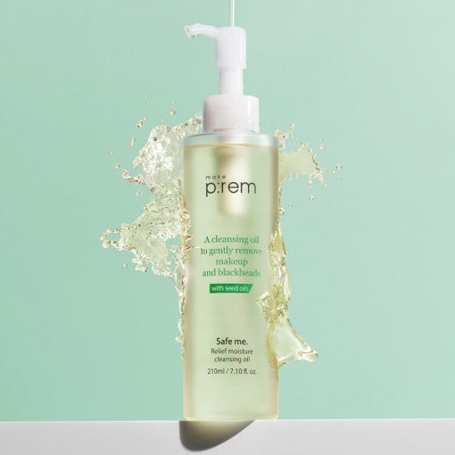 ProtoClinical k-beauty make p:rem Safe Me. Relief Moisture Cleansing Oil 210ml single front-facing cleansing oil bottle on a clean white background