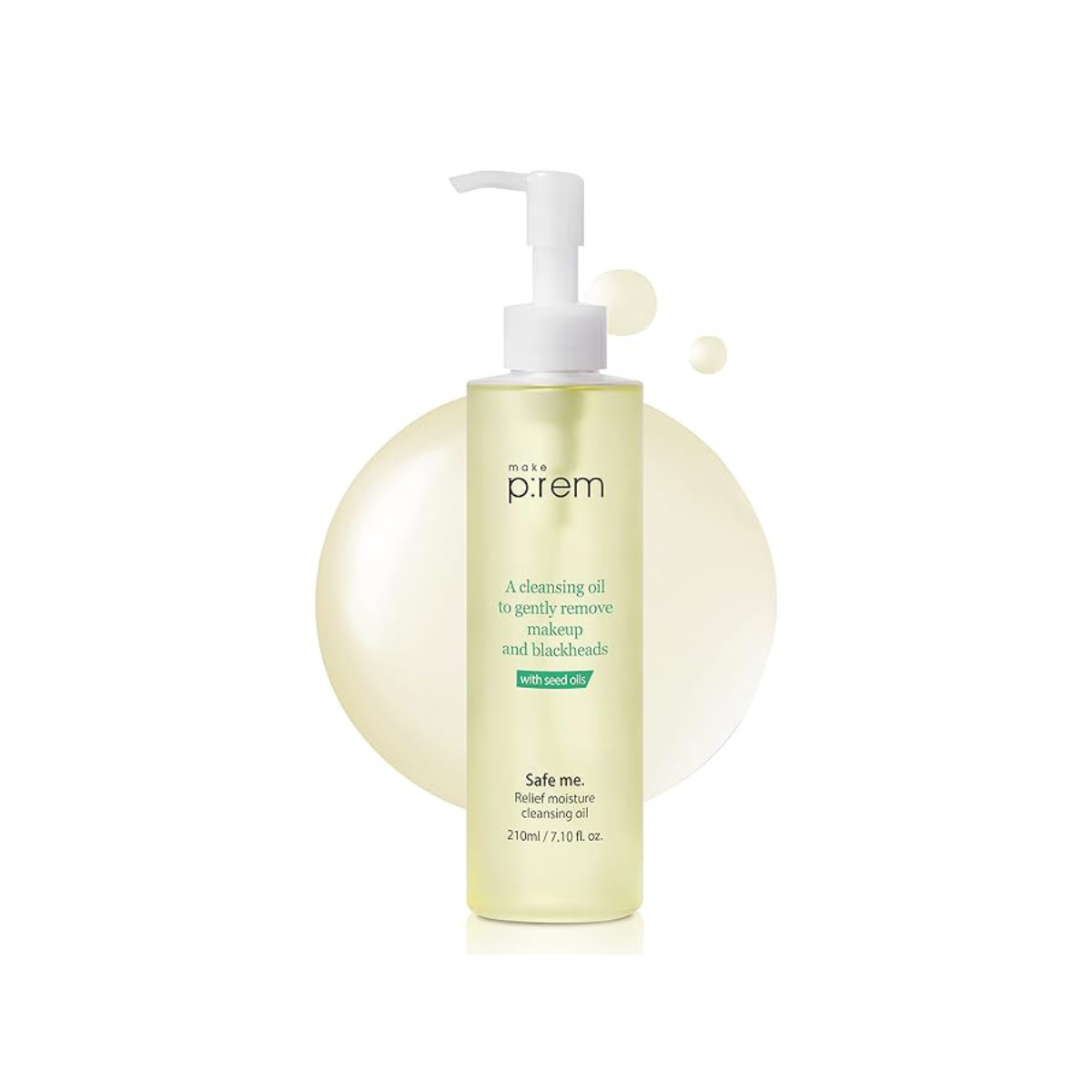 make p:rem Safe Me. Relief Moisture Cleansing Oil 210ml by ProtoClinical shown in a promotional product collage with the cleansing oil bottle and branded detail panels, highlighting the packaging for a k-beauty skincare routine.