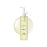 make p:rem Safe Me. Relief Moisture Cleansing Oil 210ml by ProtoClinical shown in a promotional product collage with the cleansing oil bottle and branded detail panels, highlighting the packaging for a k-beauty skincare routine.