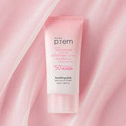 ProtoClinical k-beauty make p:rem Soothing Pink Tone Up Sun Cream SPF 50+ PA++++  50ml shown as a single tone-up sun cream package on a clean white background