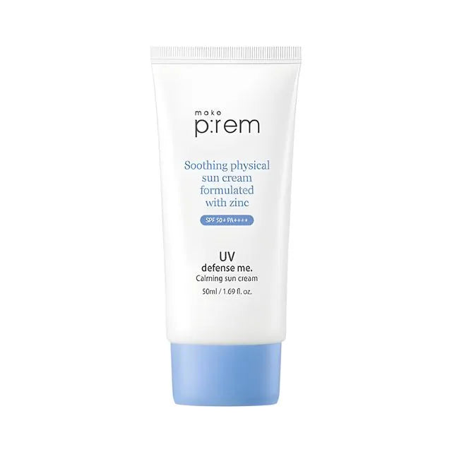 ProtoClinical k-beauty make p:rem UV Defense Me. Calming Sun Cream SPF 50+ PA++++ 50ml shown as a single sun cream package on a clean white background.