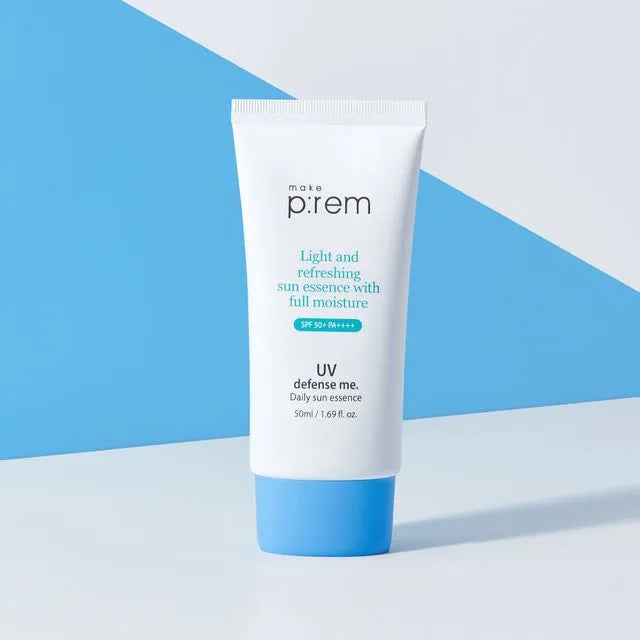 ProtoClinical k-beauty make p:rem UV Defense Me. Daily Sun Essence SPF 50+ PA++++ 50ml shown as a single sun essence package with branded labeling on a light background