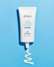 ProtoClinical k-beauty make p:rem UV Defense Me. Daily Sun Essence SPF 50+ PA++++ 50ml shown as a single white sunscreen tube with a sky blue cap, centered upright on a clean white background