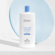 ProtoClinical k-beauty make p:rem UV Defense Me. Daily Sun Fluid 150ml shown in neutral-toned skincare packaging on a light background.
