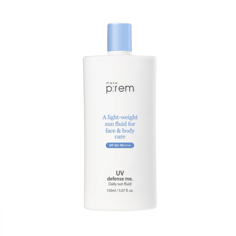 ProtoClinical k-beauty make p:rem UV Defense Me. Daily Sun Fluid 150ml shown in neutral-toned skincare packaging on a light background.