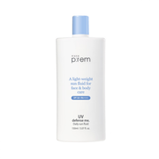 ProtoClinical k-beauty make p:rem UV Defense Me. Daily Sun Fluid 150ml shown in neutral-toned skincare packaging on a light background.