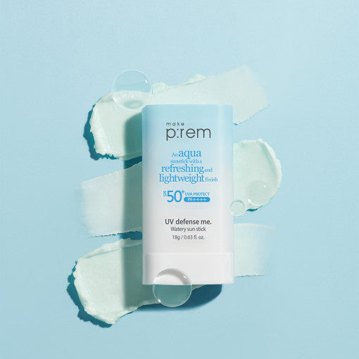 ProtoClinical k-beauty make p:rem UV Defense Me. Watery Balm Sun Stick SPF50+ PA++++ 18g shown as a single sun stick package on a clean white background
