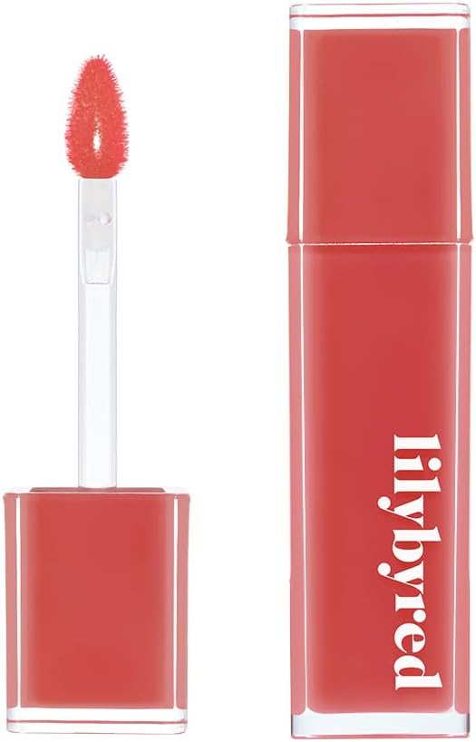 ProtoClinical k-beauty lilybyred Bloody Liar Coating Tint 4g (GROW UPPP COLLECTION) single coral-red lip tint swatch centered in a tall vertical layout on a pale background