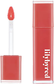 ProtoClinical k-beauty lilybyred Bloody Liar Coating Tint 4g (GROW UPPP COLLECTION) single coral-red lip tint swatch centered in a tall vertical layout on a pale background