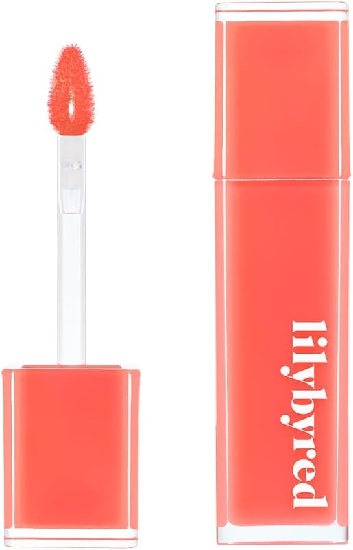 ProtoClinical k-beauty lilybyred Bloody Liar Coating Tint 4g (GROW UPPP COLLECTION) single warm coral lip tint swatch centered in a tall vertical layout on a pale background