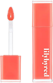 ProtoClinical k-beauty lilybyred Bloody Liar Coating Tint 4g (GROW UPPP COLLECTION) single warm coral lip tint swatch centered in a tall vertical layout on a pale background
