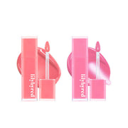 ProtoClinical k-beauty lilybyred Bloody Liar Coating Tint 4g (GROW UPPP COLLECTION) two rosy pink lip tint swatches side by side in a wide horizontal layout on a pale blue and white background