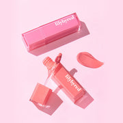 ProtoClinical k-beauty lilybyred Bloody Liar Coating Tint 4g (GROW UPPP COLLECTION) single soft rose-pink lip tint swatch centered in a tall vertical layout on a pale pink and white background