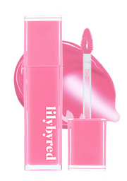 ProtoClinical k-beauty lilybyred Bloody Liar Coating Tint 4g (GROW UPPP COLLECTION) single bright pink lip tint swatch centered in a tall vertical layout on a pale blue and pink background