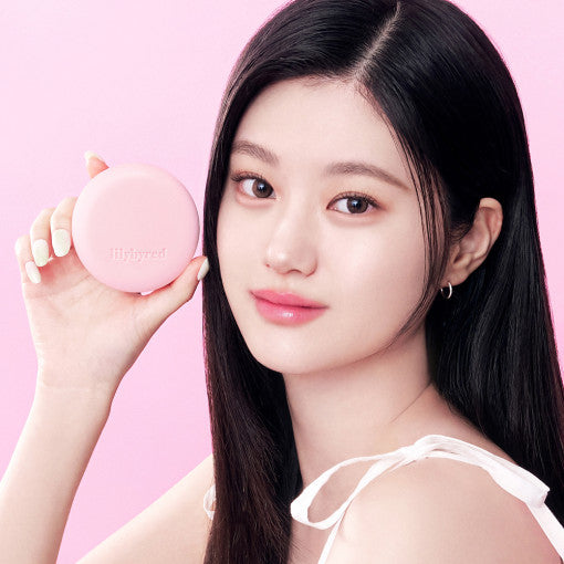 ProtoClinical k-beauty lilybyred Dual Light Tone-up Cushion SPF50+PA+++ 12g #Peach Green single peach cushion compact centered on a light background with pale aqua side panels.