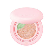 ProtoClinical k-beauty lilybyred Dual Light Tone-up Cushion SPF50+PA+++ 12g #Peach Green single peach cushion compact centered on a white background with pale aqua side panels.