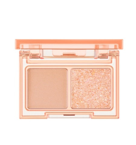 ProtoClinical k-beauty lilybyred Little Bitty Moment Shadow Palette open two-pan eyeshadow compact with a peach case, light beige matte shade, and sparkling peach glitter shade