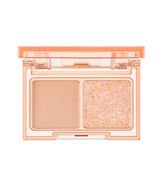 ProtoClinical k-beauty lilybyred Little Bitty Moment Shadow Palette open two-pan eyeshadow compact with a peach case, light beige matte shade, and sparkling peach glitter shade