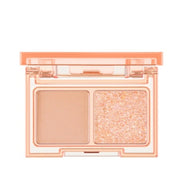 ProtoClinical k-beauty lilybyred Little Bitty Moment Shadow Palette open two-pan eyeshadow compact with a peach case, light beige matte shade, and sparkling peach glitter shade