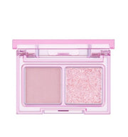 ProtoClinical k-beauty lilybyred Little Bitty Moment Shadow Palette open two-pan eyeshadow compact with a lavender case, muted mauve matte shade, and pink glitter shade
