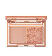 ProtoClinical k-beauty lilybyred Little Bitty Moment Shadow Palette open two-pan eyeshadow compact with a tan case, warm tan matte shade, and bronze glitter shade