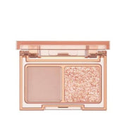 ProtoClinical k-beauty lilybyred Little Bitty Moment Shadow Palette open two-pan eyeshadow compact with a beige case, taupe matte shade, and rose-gold glitter shade