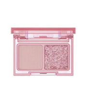 ProtoClinical k-beauty lilybyred Little Bitty Moment Shadow Palette open two-pan eyeshadow compact with a pink case, soft mauve matte shade, and rose shimmer glitter shade