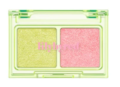ProtoClinical k-beauty lilybyred Little Bitty Moment Shadow Palette open two-pan eyeshadow compact with matte and glitter shades on a light background