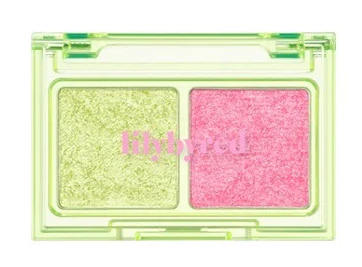 ProtoClinical k-beauty lilybyred Little Bitty Moment Shadow Palette open two-pan eyeshadow compact with matte and glitter shades on a light background
