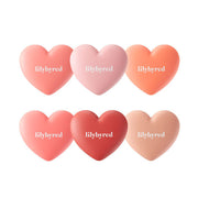 ProtoClinical k-beauty lilybyred LUV BEAM CHEEK 4.7g single square blush compact with two rosy pans and pale aqua corner accents on a light background.
