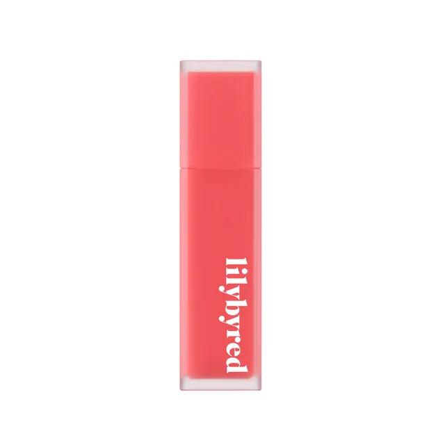ProtoClinical k-beauty lilybyred Mood Liar Velvet Tint 4.2g rosy lip tint swatch in a tall vertical shape on a pale blue and white background